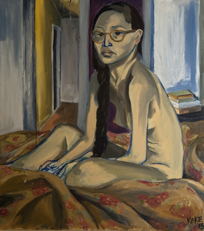 Elaine On Bed, 2014. Oil on canvas,  40 x 36 inches. Courtesy of Fouladi Projects.