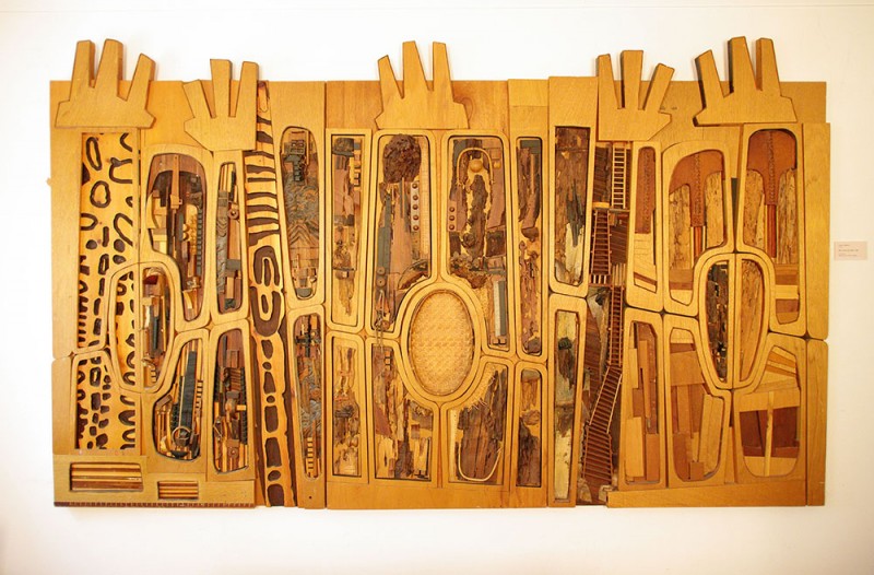 Noah Purifoy. "Black, Brown and Beige (After Duke Ellington)," 1989. 68 x 113 in. Sue A. Welsh Collection. © Noah Purifoy Foundation. Photo courtesy Noah Purifoy Foundation, by Seamus O' Dubslaine