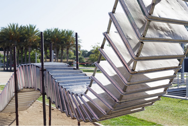 Detail of Noah Purifoy's "65 Aluminum Trays," 2002. Installed at the Los Angeles County Museum of Art (LACMA) for the exhibition "Noah Purifoy: Junk Dada". June 07- September 27, 2015. ©Noah Purifoy Foundation. Photo © Museum Associates/LACMA