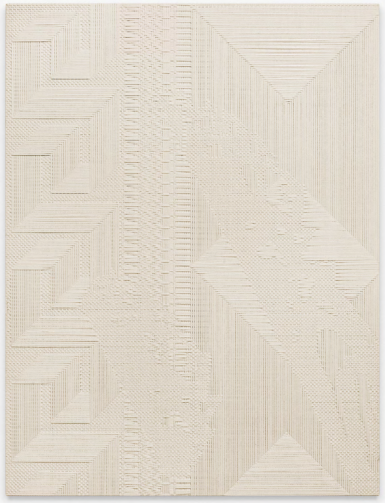 "Chiral Fret / Slice," 2014. Woven canvas on wooden stretcher. 72 x 54 inches. Courtesy of Standard (Oslo). Photograph by Vegard Kleven.