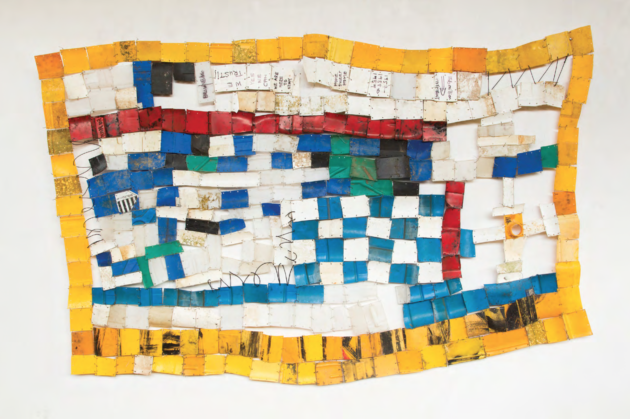 Serge Attukwei Clottey, American Lottery, 2015. Plastic, wire and oil paint, 94 x 51 inches. Courtesy of the artist.