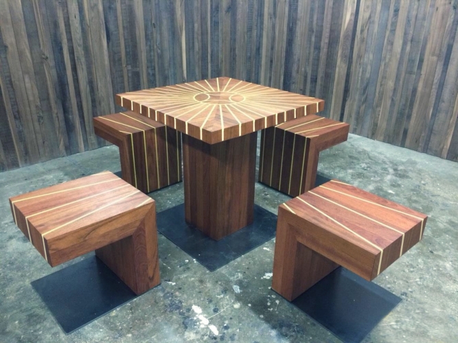 Edra Soto and Dan Sullivan. "DominoDomino," 2014. Domino table with four stools, inlaid corian on jatoba wood. 30 x 30 x 30 in. Courtesy Morgan Lehman Gallery.