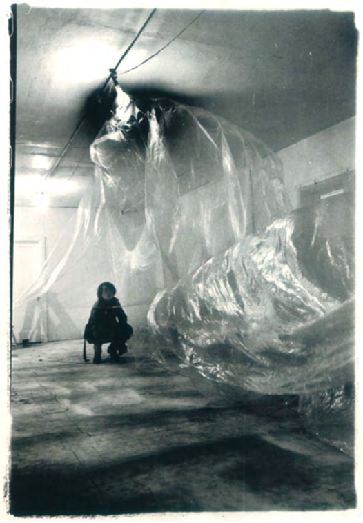 Performance Sheet, 1969. Polyethylene sheeting, fan. Installation view at Van De Voort Gallery, San Francisco, 1969. Courtesy of the Terry Fox Archives.