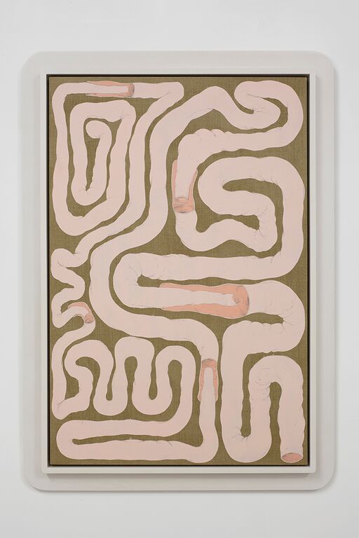 Julian Hoeber, Intestinal Floorplan/Security Apparatus, 2015. Flashe and acrylic on linen in artist's frame, 49 x 35 in. (125 x 88 cm). Courtesy of the artist and Jessica Silverman Gallery.