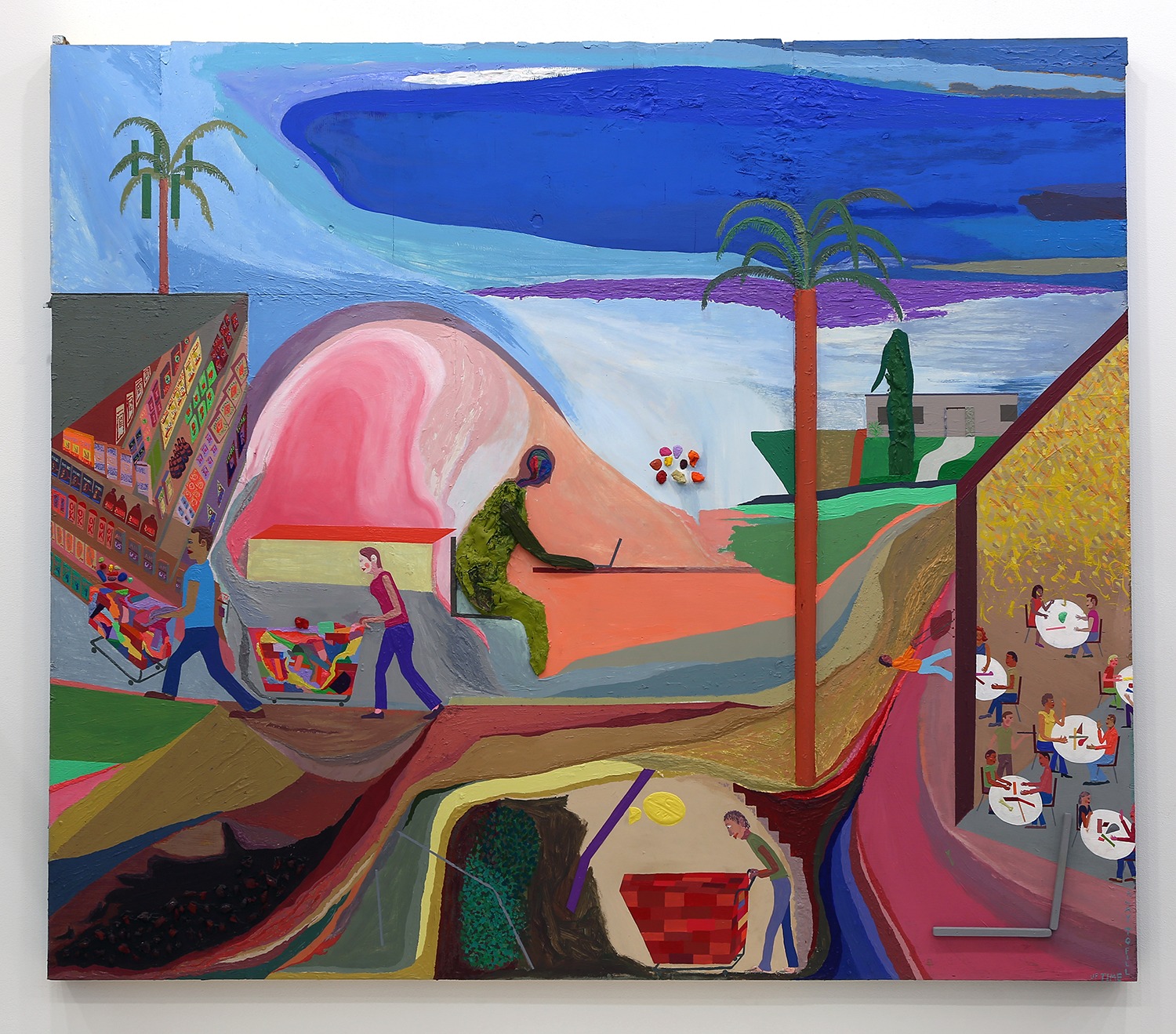 Chris Johanson, Los Angeles with Pills, 2015. Acrylic on found wood, 168.9 x 193 cm (66 1/2 x 76 in). Courtesy of the Artist and Altman Siegel. 