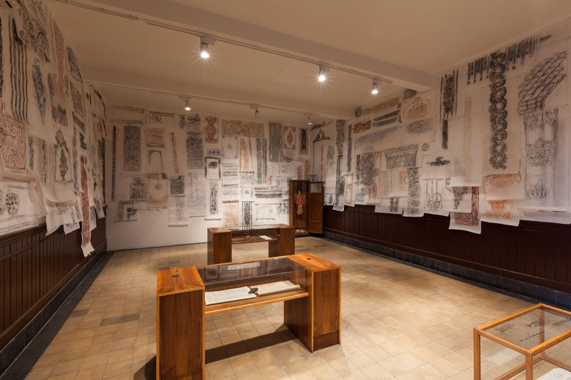 Michael Rakowitz, The Flesh Is Yours, The Bones Are Ours, 2015. Plaster molds, casts, dog skeletons from Sivriada, bones of livestock from dispossessed Armenian farms in Anatolia, fragments of lost Louis Sullivan building in Chicago, rubbings, photos, and letters. Photograph by Sahir Ugur Eren. Courtesy of IKSV.