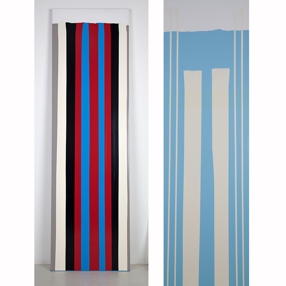 Fernando Uhía, Technoesmaltes #4, 2003 (left) and Technoesmaltes #4, 2003 (right). Industrial enamel on wood, 200 x 60 cm each. Collection of Art of the Bank of the Republic 