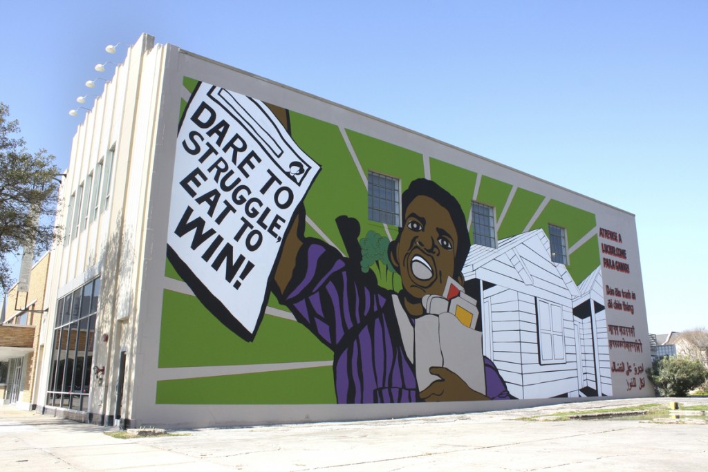 Otabenga Jones & Associates (founded 2002), The Peoples Plate Mural, 2015. Acrylic on wall, 96 x 36 feet. © Otabenga Jones & Associates. (Photo: Lawndale Art Center.) Courtesy of the Brooklyn Museum.