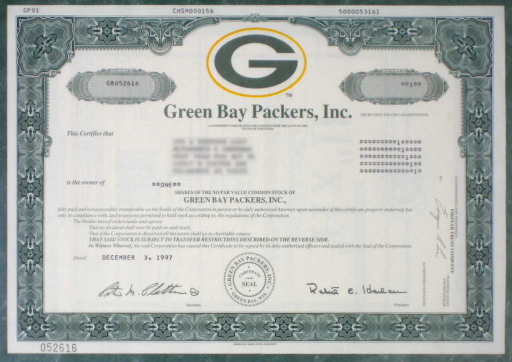 Packers Stock (a stock certificate for shares of the Green Bay Packers). Courtesy of the Internet.