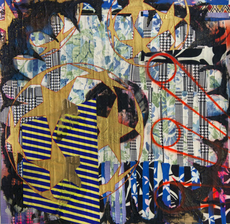 SB14-The-Danger-QC_Textiles-and-fabric-treated-with-acrylic-and-spray-paint-on-archival-paper_36-x-36-inches-458x447