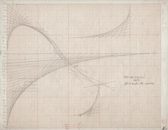 Iannis Xenakis, Graphic score for Metastasis, glissandi of chords, 1954. Graphite on graph paper, 8 ½ x 10 ⅞ inches.  Included in the inaugural exhibition Architecture of Life at the new BAMPFA, now on view through May 29. Courtesy of the Xenakis family (Paris) and BAMPFA.