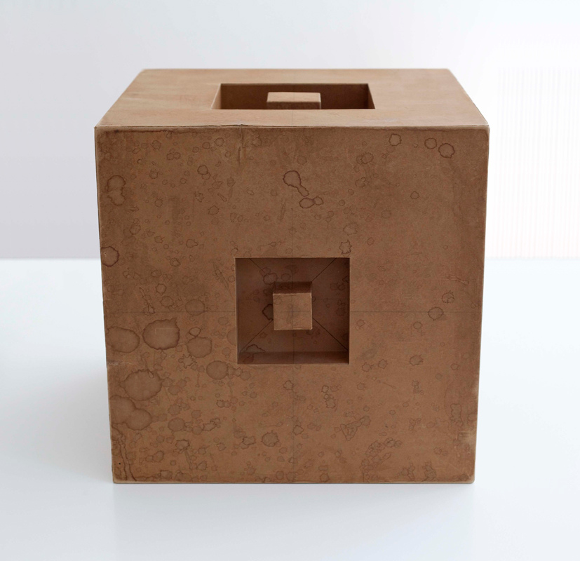 Erwin Heerich, Untitled (cardboard sculpture), 1967. Cardboard, 15.75 x 15.75 x 15.75 inches. Courtesy of Barbara Krakow Gallery.