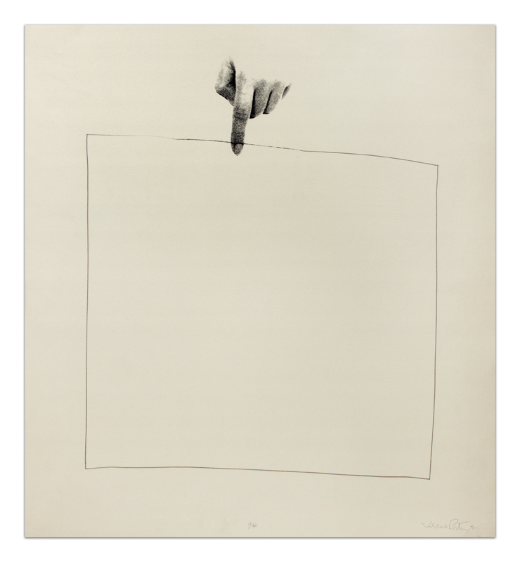 Liliana Porter, Untitled, 1973. Silkscreen and graphite on paper with deckled edge, Image/paper size: 26 x 24 inches. Edition 15 of 60, never completed. Signed and dated lower right and numbered lower center in pencil. Courtesy of Barbara Krakow Gallery.