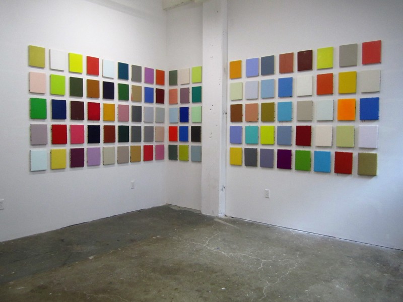 Leah Rosenberg, 100 Days of Color (from #CHROMAHA), 2015. Acrylic paint, 100 panels, 10" x 8" each, installation, 62" x 233." Courtesy of the artist and Black and White Projects. Photo: LLutz