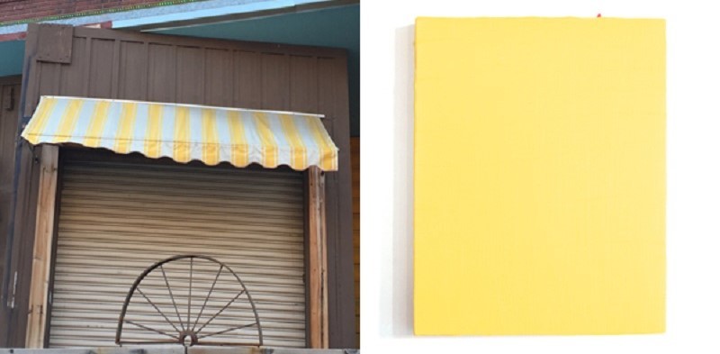 Leah Rosenberg, 100 Days of Color (from #CHROMAHA), 2015. "Day 18// The antique candy stop's yellow striped canopy," poem, documentation and coinciding color. Courtesy of the artist