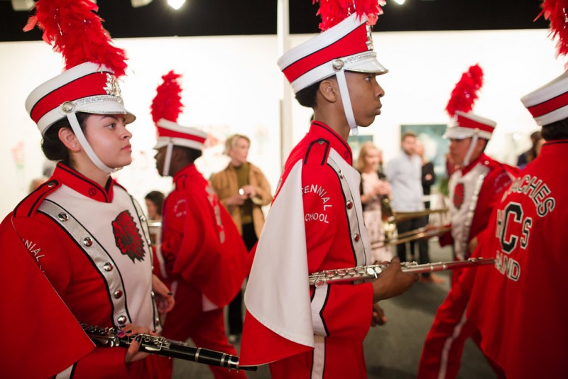 Alison O'Daniel, Centennial Marching Band Forwards, Backwards, Pause, Silent, Centennial High School Marching Band performing for Art Los Angeles Contemporary opening night, January 28, 2016. Courtesy Gina Clyne/Art Los Angeles Contemporary