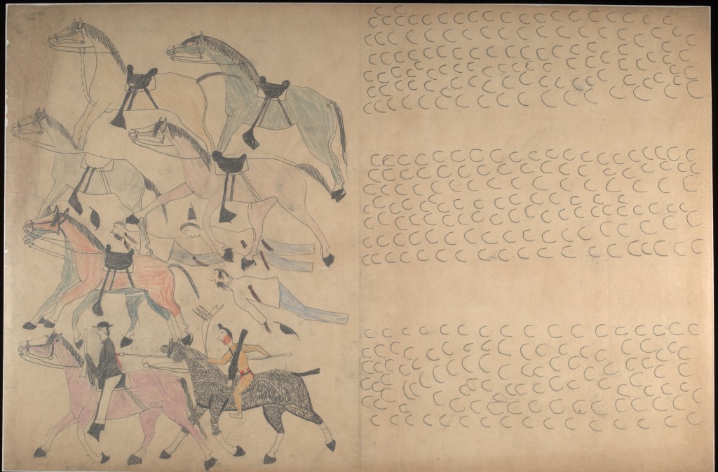 Red Horse (Minneconjou Lakota Sioux, 1822-1907), Untitled from the Red Horse Pictographic Account of the Battle of the Little Bighorn, 1881. Graphite, colored pencil, and ink. NAA MS 2367A_08569000. National Anthropological Archives, Smithsonian Institution