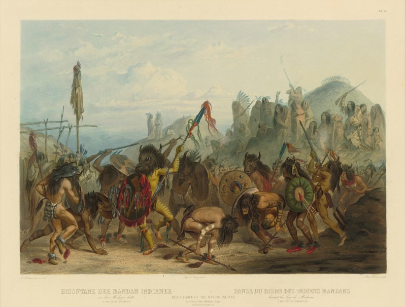 Karl Bodmer. Bison Dance of the Mandans, hand-colored aquatint. Courtesy the Internet.