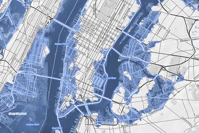 New York with a 10 foot rise in sea level. Visualizations by Stamen Design in collaboration with Climate Central and New American Media.