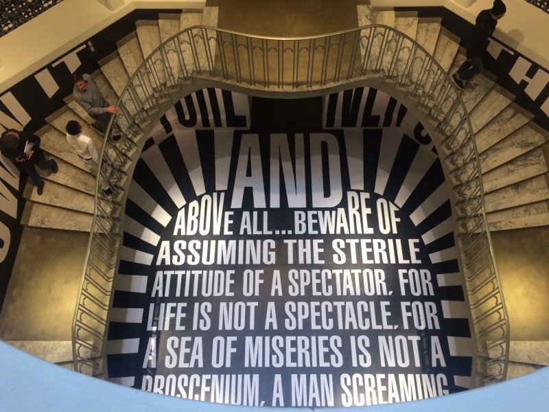 Barbara Kruger, Untitled (Smashup), site-specific installation in MashUp: The Birth of Modern Culture, exhibit at the Vancouver Art Gallery, February 20 to June 12, 2016, photo by Rachel Topham courtesy of Vancouver Art Gallery