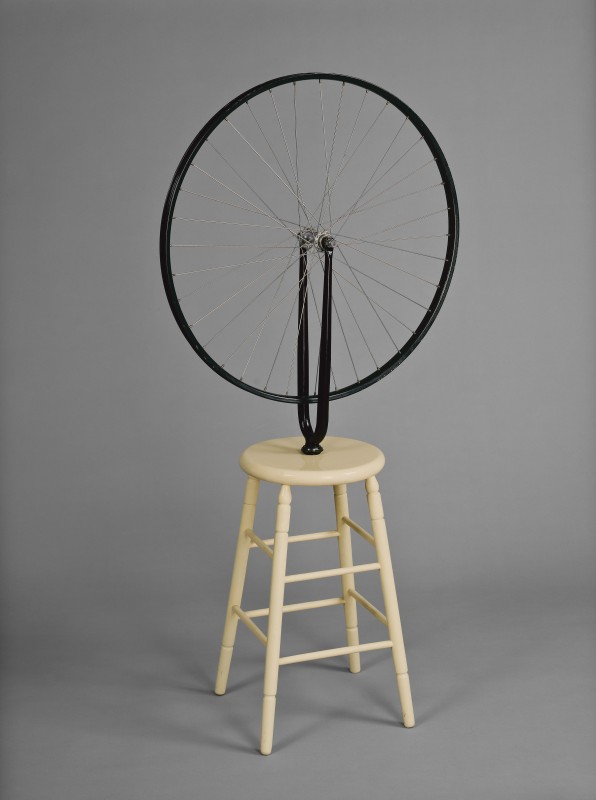 Marcel Duchamp, Bicycle Wheel, 1913 (6th version 1964). Bicycle fork with wheel mounted on painted wooden stool, 126 x 64 x 31.5 cm, National Gallery of Canada, Ottawa, purchased 1971