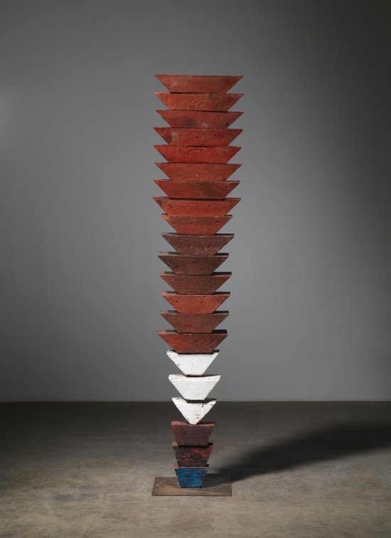 Louise Bourgeois, Untitled (The Wedges), 1950. Wood, paint, and stainless steel, 63 x 13 1/2 x 12 inches. Collection of The Easton Foundation © The Easton Foundation / Licensed by VAGA, New York. Photograph by Christopher Burke. Courtesy of Hauser Wirth & Schimmel.