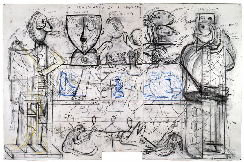 Robert Arneson, Working drawing for Guardians of the Secret II, 1990. Charcoal, oil stick on paper, 84 x 128 3/8 inches.