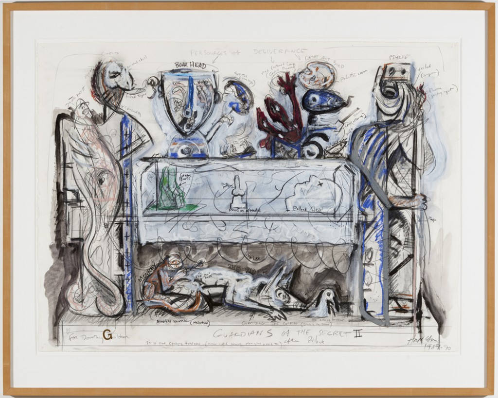 Robert Arneson, Study for Guardians of the Secret II, 1990. Mixed media on paper, 30 x 44 inches; 38 1/4 x 52 1/8 inches framed