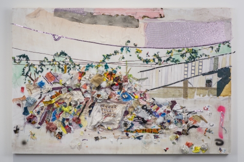 Tameka Jenean Norris, Pass Rd #2, 2015. Found fabric, human hair, found objects on wood panel, 40 x 60 inches. Courtesy of Rena Bransten Gallery.