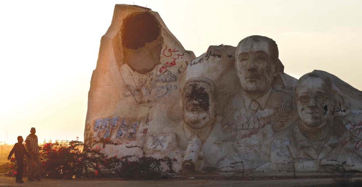 A giant statue of former Egyptian President Hosni Mubarak (left) on the outskirts of Cairo, Egypt. Also depicted; Egyptian Nobel prize winner Ahmed Zewail, the late Egyptian President Anwar Sadat and Egyptian novelist and Nobel Prize Winner Naguib Mahfouz. Courtesy of the Internet.