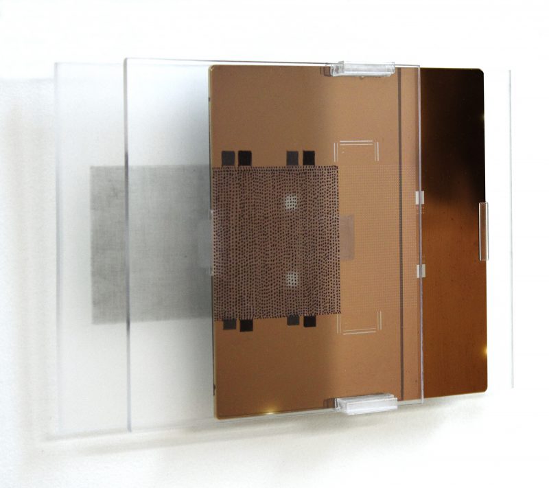 Theodora Varnay Jones, Nano-1, 2016. Glass wafer, sanding, graphite and sharpie on plexiglass, 5” x 8” x 1” 