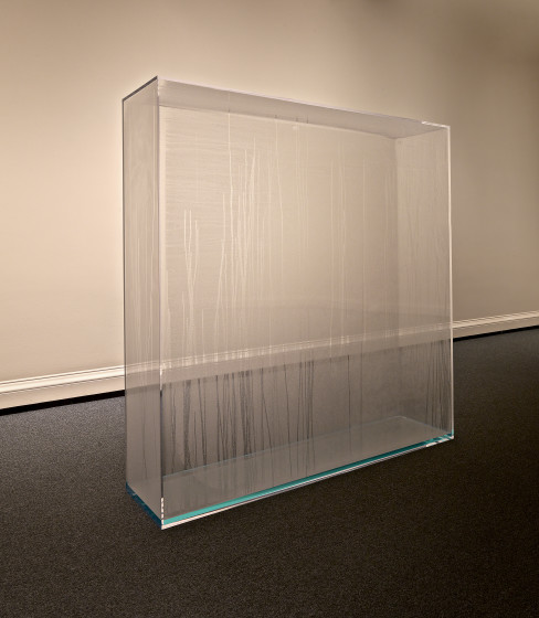 Condensation Wall, 1963-66. Acrylic plastic, distilled water, 70 x 70 x 16 inches. Edition 1 of 3: Collection Jill and Peter Kraus; Edition 2 of 3: Collection National Gallery, Washinton, D.C.; Edition 3 of 3: Collection Museum Ludwig, Cologne, Germany. © Hans Haacke/Artists Rights Society (ARS), New York. Photo Lee Ewing. Courtesy of the artist and Paula Cooper Gallery, New York.