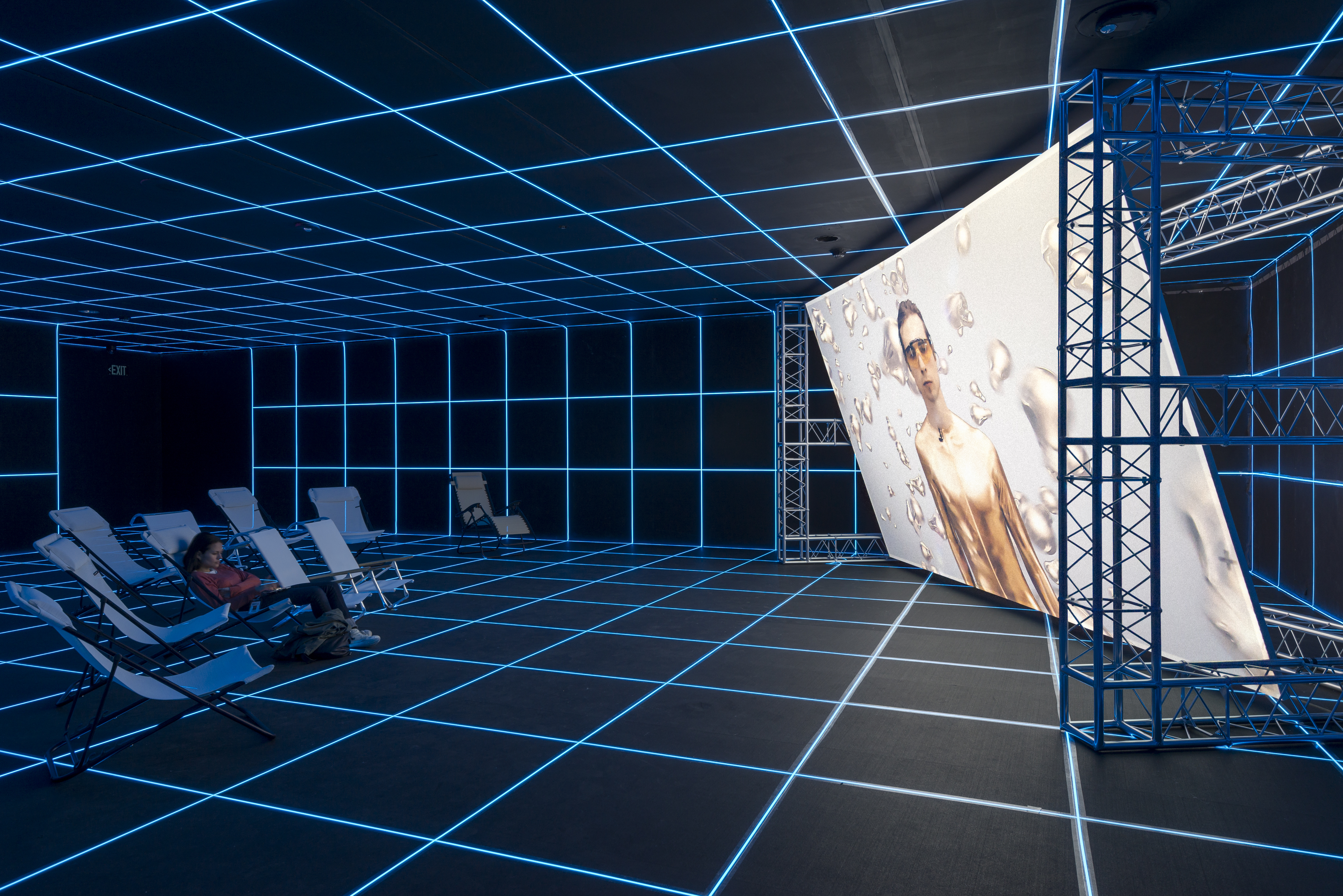 Installation view of Hito Steyerl: Factory of the Sun, February 21–September 12, 2016 at MOCA Grand Avenue, courtesy of The Museum of Contemporary Art, Los Angeles, photo by Justin Lubliner