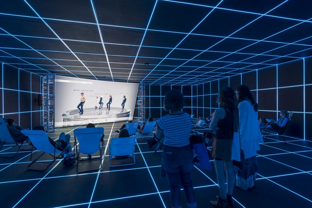 Installation view of Hito Steyerl: Factory of the Sun, February 21–September 12, 2016 at MOCA Grand Avenue, courtesy of The Museum of Contemporary Art, Los Angeles, photo by Justin Lubliner