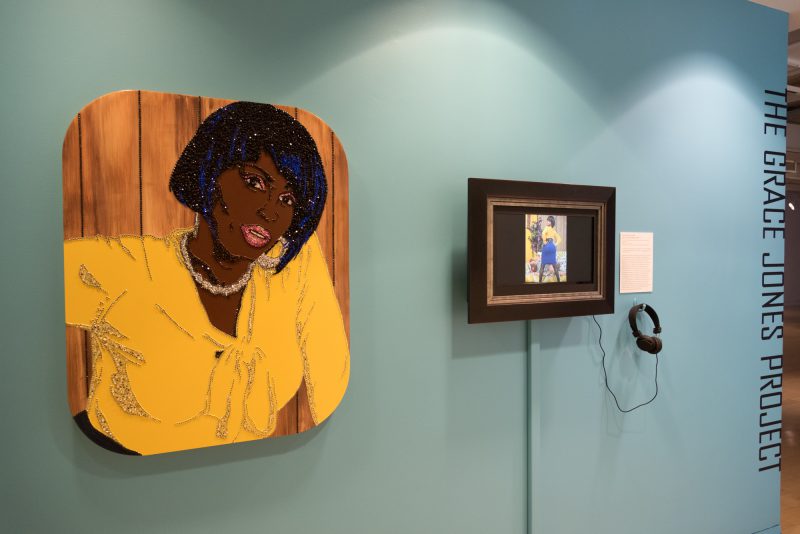 Mickalene Thomas, Ain’t I A Woman (Keri), 2009. DVD and framed monitor, rhinestones, acrylic and enamel on wood panel; 36 x 28 inches (painting), 36 x 58 inches (overall). Courtesy of the artist and Artists Rights Society (ARS), New York