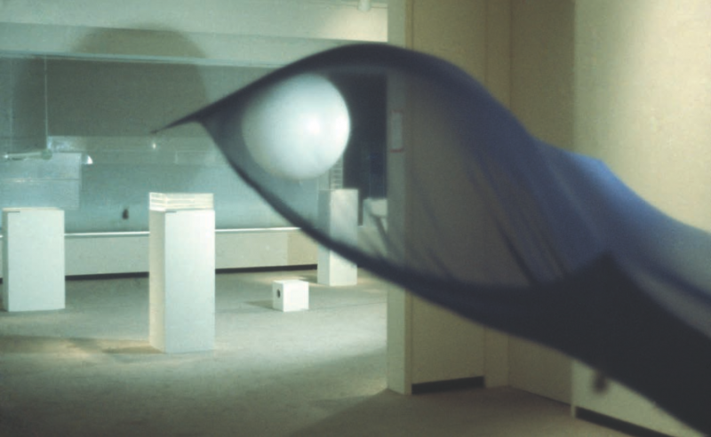 Blue Sail, 1964-65. Chiffon, oscillating fan, fishing weights and thread, dimensions variable. © Hans Haacke/Artists Rights Society (ARS), New York. Photo by Hans Haacke. Courtesy of the artist and Paula Cooper Gallery, New York.