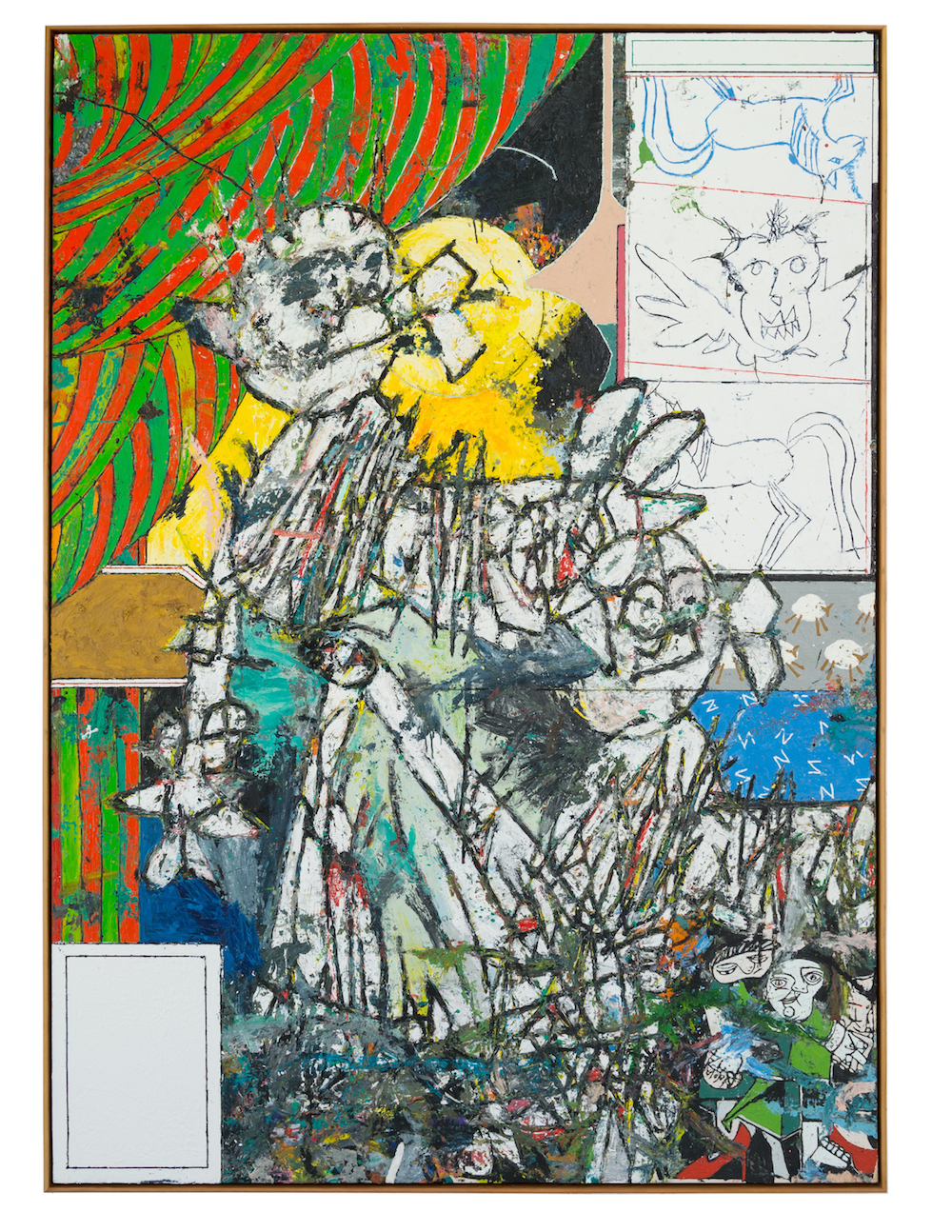 Large painting with red and green curtain, 2016. Oil and encaustic on canvas in artist's frame, 84 x 60 inches. Courtesy of the artist and Feuer/Mesler.