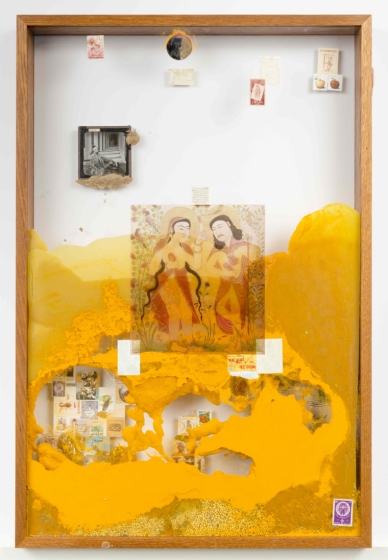 Terence Koh, in persia there is a garden that apples are dreaming now, 2016. 31 x 25 x 2.75 inches stamps, glass lanten slide, tumeric, pollen, beeswax, baby snake skeleton. Courtesy of Andrew Edlin Gallery