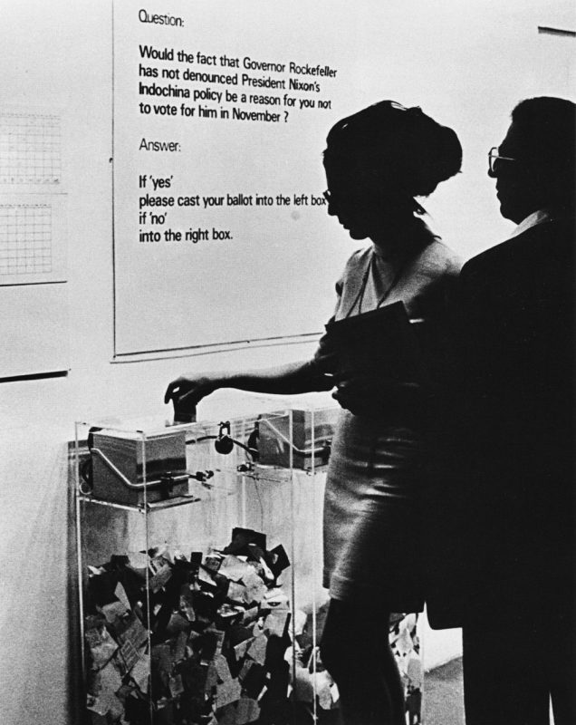 MoMA Poll, 1970. 2 transparent ballot boxes with automatic counters, and color–coded ballots. © Hans Haacke/Artists Rights Society [ARS], New York. Courtesy of the artist and Paula Cooper Gallery, New York.