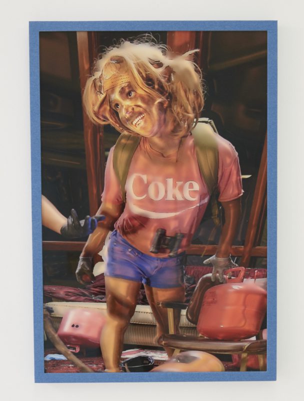 Ryan Trecartin, The Friendliest Survival Planner Yet, 2015. Digital print, hand wrapped custom frame, denim, glue, wood, non-glare plexiglass, aluminum backing, 38 x 26 x 1/2 inches. Courtesy the artist and Farago Gallery.