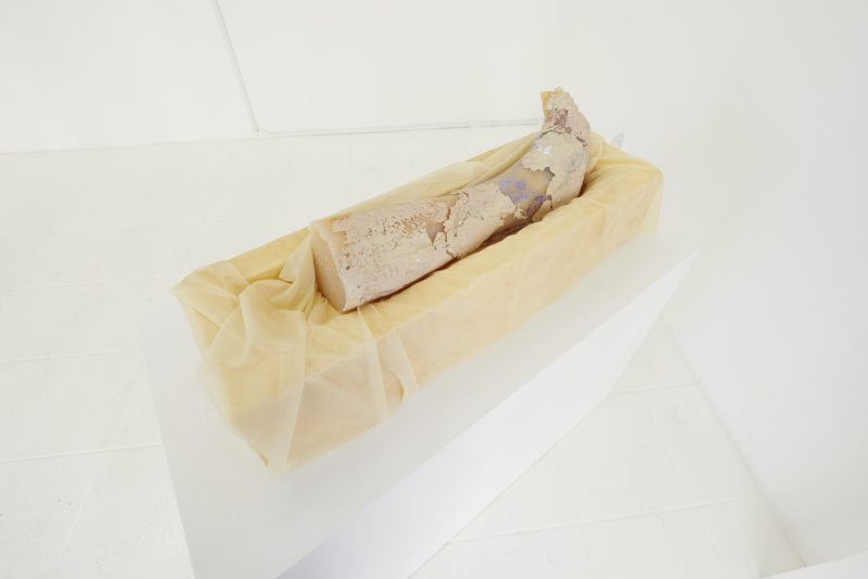 Whitney Vangrin, Encaustic Graft, 2013. DragonSkin silicone rubber, upholstery foam, wax, 9 x 30 x 8 inches. Courtesy the artist and Farago Gallery.