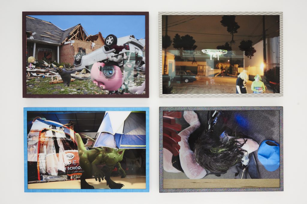 Ryan Trecartin, Empathy Camp & Refugee Petting Zoo, 2015. Digital prints, hand wrapped custom frames, quilted fabric, tent x-pac laminated ripstop, 1.43 oz cuben fiber, neoprene, glue, wood, non-glare plexiglass, aluminum backing, Overall Dimensions: 53 1/2 x 77 1/4 x 1 3/4 inches. Courtesy the artist and Farago Gallery.