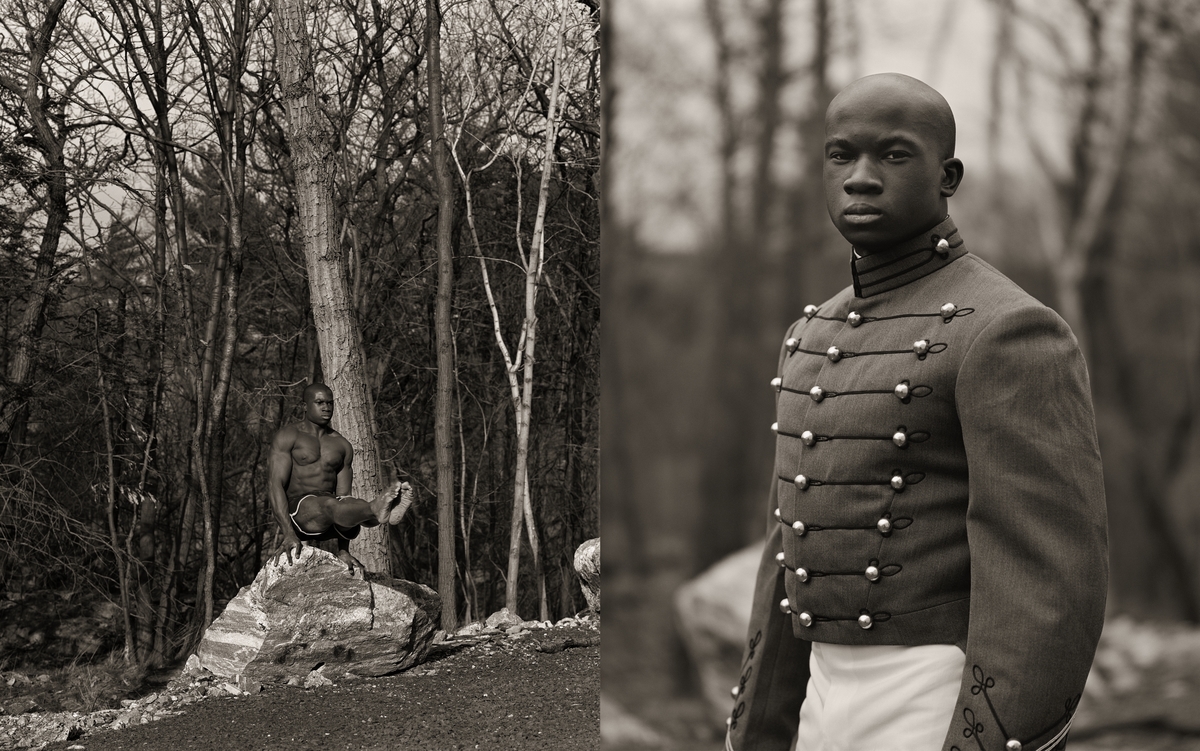 Anderson and Low (Jonathan Anderson, British, born 1961 and Edwin Low, British, born Malaysia, 1957). William Reynolds, Gymnast, United States Military Academy, 2001. Gelatin silver photograph diptych, 20 x 16 inches each. © Anderson and Low, all rights reserved. Courtesy of the artists/Throckmorton Fine Art and the Brooklyn Museum.