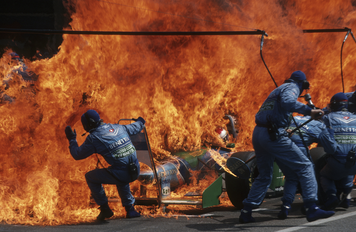 Arthur Thill (Luxembourgish, born 1950), Narrow Escape – Fire Incident in Hockenheim, German F1 Grand Prix, July 31, 1994, printed 2016. Inkjet print, 7 1/2 x 11 1/2 inches. Courtesy of the artist/ATP Photo Agency and the Brooklyn Museum.