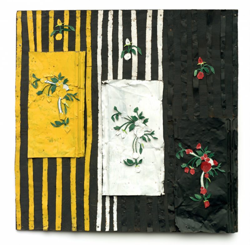 Ronald Lockett, England’s Rose, 1997. Tin and paint on wood, 48.25 x 48.25 inches