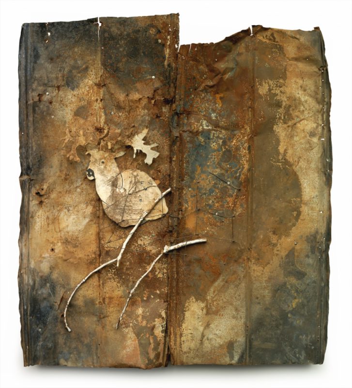 Ronald Lockett, Once Something Has Lived It Can Never Really Die, 1996. Wood, enamel, graphite, tin. found materials, industrial sealing compound, on wood, 57 x 50.5 x 4 inches