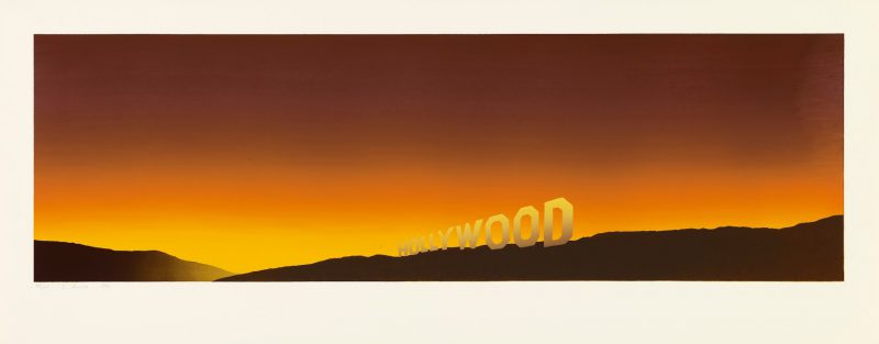 Ed Ruscha, Hollywood, 1968. Color screenprint, 17 1/2 x 44 7/16 in.Published by the artist. Fine Arts Museums of San Francisco, Museum purchase, Mrs. Paul L. Wattis Fund, 2000.131.7.1 © Ed Ruscha.