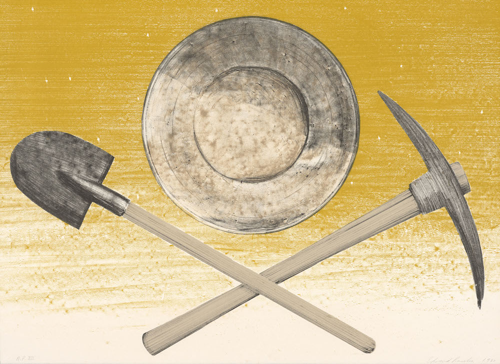 Ed Ruscha, Pick, Pan, Shovel, 1980. Color lithograph, 22 3/16 x 30 1/16 inches. Published by Graphic Arts Council, Los Angeles County Museum of Art. Collection of the Fine Arts Museums of San Francisco. Museum purchase, Mrs. Paul L. Wattis Fund., 2000.131.95.1 © Ed Ruscha. Courtesy of the Fine Arts Museums of San Francisco.