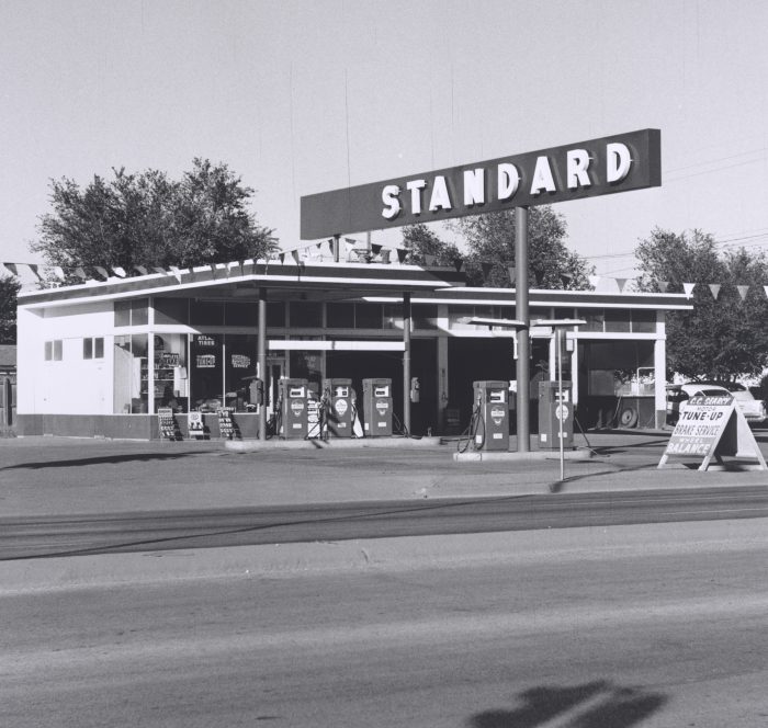 Ed Ruscha, Standard Station, Amarillo, Texas, 1962. Gelatin silver print, 4 15/16 x 5 1/16 inches. Collection of the Whitney Museum of American Art, New York. Museum purchase, with funds from The Leonard and Evelyn Lauder Foundation, and Diane and Thomas Tuft. Courtesy of the Fine Arts Museums of San Francisco.