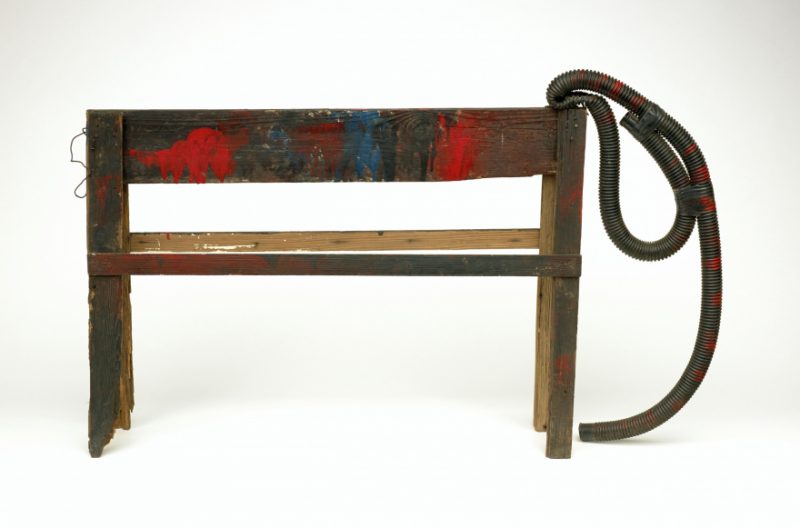 Ronald Lockett, Untitled Elephant, 1988. Wood sawhorse, wire, vacuum-cleaner hose, industrial sealing compound, paint, 30 x 54 x 9 inches.